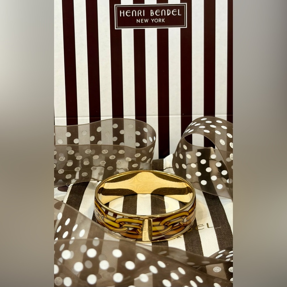 NWT RARE HENRI BENDEL Gold and Brown Enamel Chain-Print Bangle Bracelet/dust bag - Picture 9 of 9